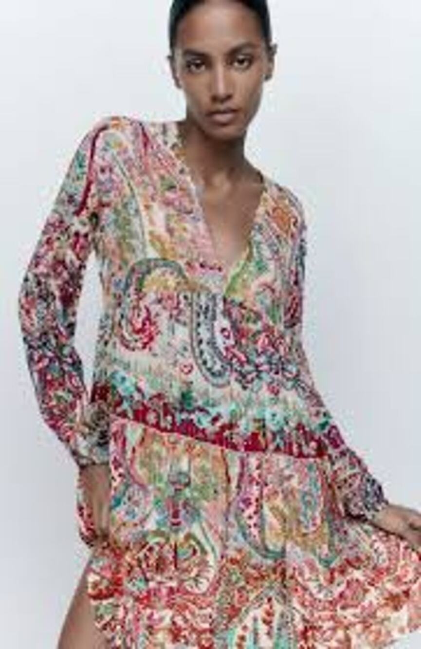 Zara Beige Red Multicolor Metalic Floral Pasley Boho Tiered VNeck Dress Medium